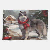 Alaskan Malamute Hond in Sneeuw Kerstmis Theedoek (Horizontaal)
