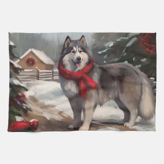 Alaskan Malamute Hond in Sneeuw Kerstmis Theedoek (Horizontaal)