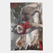 Alaskan Malamute Hond in Sneeuw Kerstmis Theedoek (Verticaal)