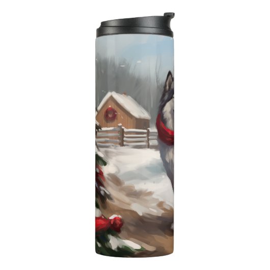 Alaskan Malamute Hond in Sneeuw Kerstmis Thermosbeker (Gedraaid links)