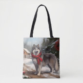 Alaskan Malamute Hond in Sneeuw Kerstmis Tote Bag (Voorkant)