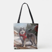 Alaskan Malamute Hond in Sneeuw Kerstmis Tote Bag (Achterkant)