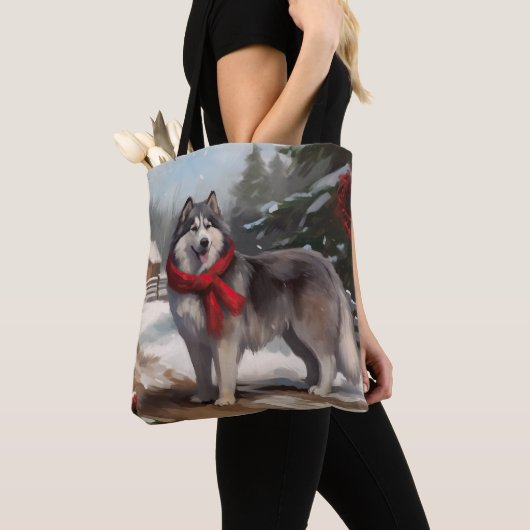 Alaskan Malamute Hond in Sneeuw Kerstmis Tote Bag (Dichtbij)