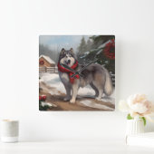 Alaskan Malamute Hond in Sneeuw Kerstmis Vierkante Klok (Huis)