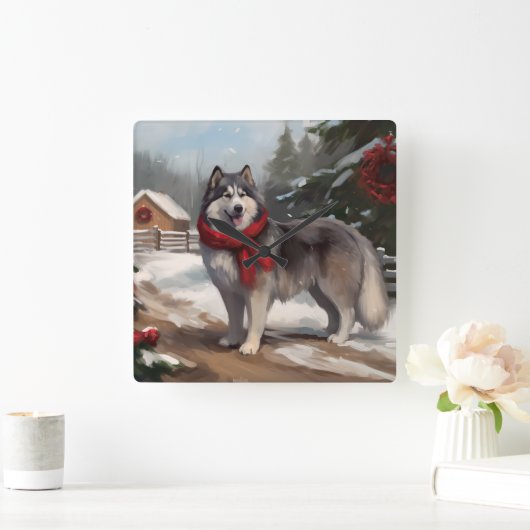 Alaskan Malamute Hond in Sneeuw Kerstmis Vierkante Klok (Huis)