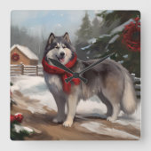 Alaskan Malamute Hond in Sneeuw Kerstmis Vierkante Klok (Voorkant)
