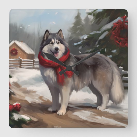 Alaskan Malamute Hond in Sneeuw Kerstmis Vierkante Klok (Voorkant)