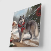 Alaskan Malamute Hond in Sneeuw Kerstmis Vierkante Klok (Hoek)
