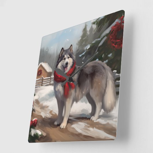 Alaskan Malamute Hond in Sneeuw Kerstmis Vierkante Klok (Hoek)