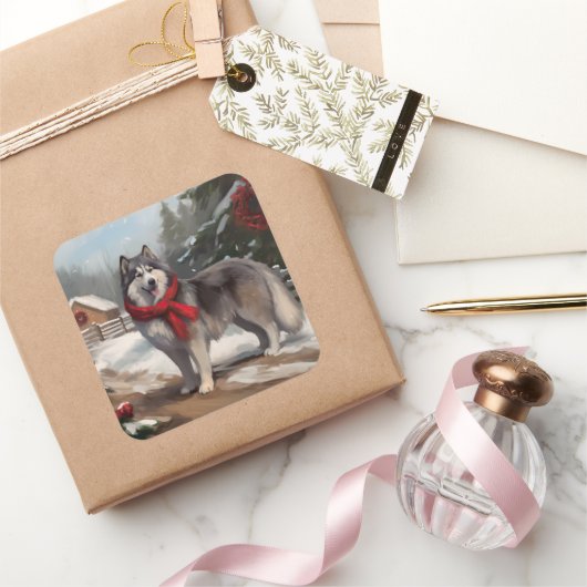 Alaskan Malamute Hond in Sneeuw Kerstmis Vierkante Sticker (Geschenken)