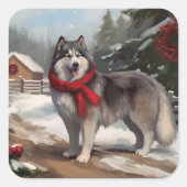 Alaskan Malamute Hond in Sneeuw Kerstmis Vierkante Sticker (Voorkant)