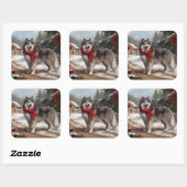 Alaskan Malamute Hond in Sneeuw Kerstmis Vierkante Sticker (Vel)