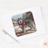 Alaskan Malamute Hond in Sneeuw Kerstmis Vierkante Sticker (Envelop)