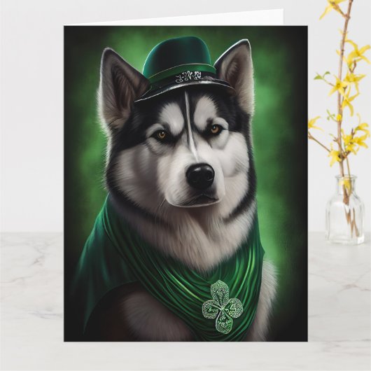 Alaskan Malamute-hond in St. Patrick's Day-jurk Kaart (Gele Bloem)