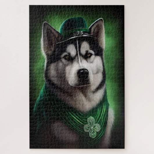 Alaskan Malamute hond in St. Patrick's Day jurk Legpuzzel (Verticaal)
