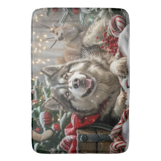 Alaskan Malamute Hond Kerstfeest Badmat (Voorkant Verticaal)
