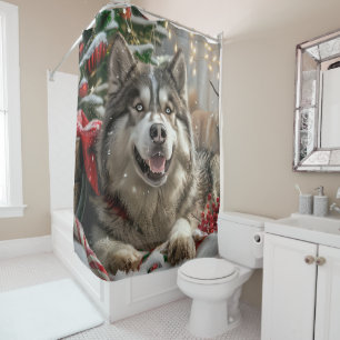Alaskan Malamute hond Kerstfeest Douchegordijn