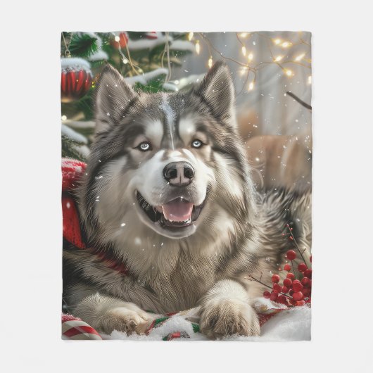 Alaskan Malamute Hond Kerstfeest Fleece Deken (Voorkant)