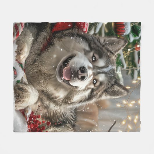 Alaskan Malamute Hond Kerstfeest Fleece Deken (Voorkant (Horizontaal))