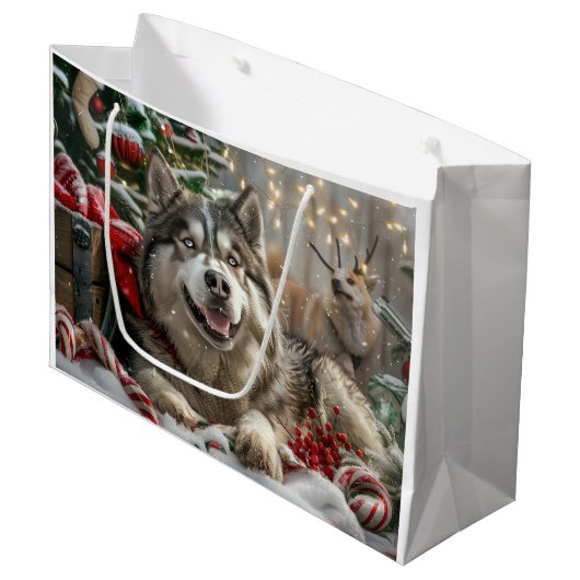 Alaskan Malamute Hond Kerstfeest Groot Cadeauzakje (Voorkant Gekanteld)