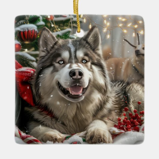 Alaskan Malamute Hond Kerstfeest Keramisch Ornament (Voorkant)
