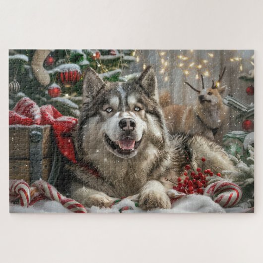 Alaskan Malamute Hond Kerstfeest Legpuzzel (Horizontaal)