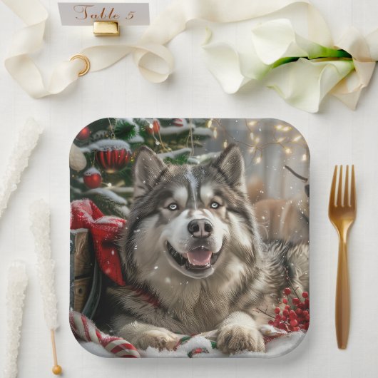 Alaskan Malamute Hond Kerstfeest Papieren Bordje (Huwelijk)