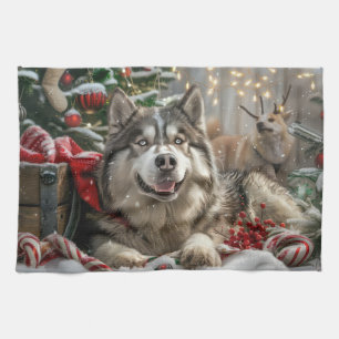 Alaskan Malamute Hond Kerstfeest Theedoek
