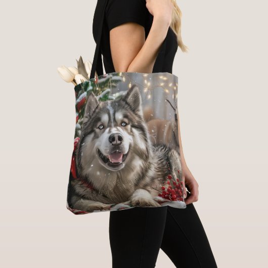 Alaskan Malamute Hond Kerstfeest Tote Bag (Dichtbij)