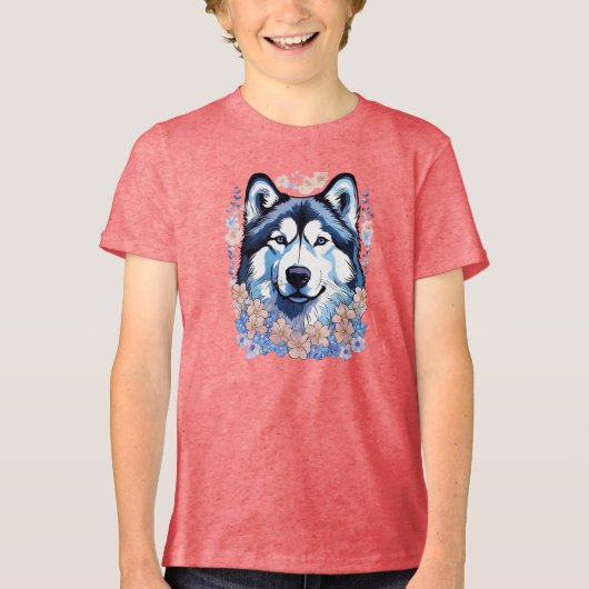 Alaskan Malamute-hond omringd door vergeet-mij-nie Tri-Blend Shirt (Voorkant)