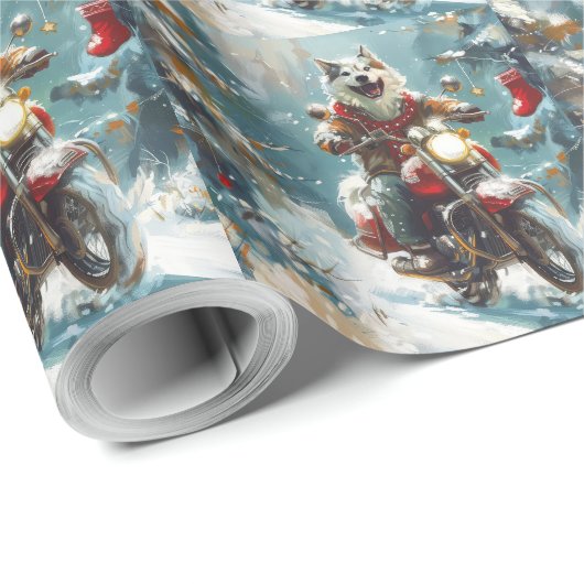 Alaskan Malamute Hond Rijden Motorfiets Kerstmis Cadeaupapier (Rol Hoek)