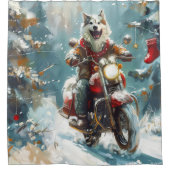 Alaskan Malamute Hond Rijden Motorfiets Kerstmis Douchegordijn (Voorkant)