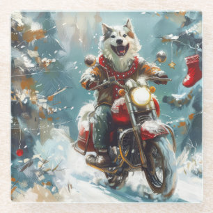 Alaskan Malamute Hond Rijden Motorfiets Kerstmis Glazen Onderzetter