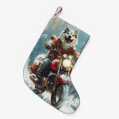 Alaskan Malamute Hond Rijden Motorfiets Kerstmis Kleine Kerstsok (Voorkant (Hangend))