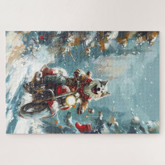 Alaskan Malamute Hond Rijden Motorfiets Kerstmis Legpuzzel (Horizontaal)