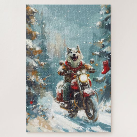 Alaskan Malamute Hond Rijden Motorfiets Kerstmis Legpuzzel (Verticaal)