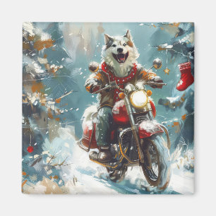 Alaskan Malamute Hond Rijden Motorfiets Kerstmis Magneet
