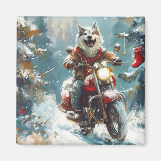 Alaskan Malamute Hond Rijden Motorfiets Kerstmis Magneet (Voorkant)