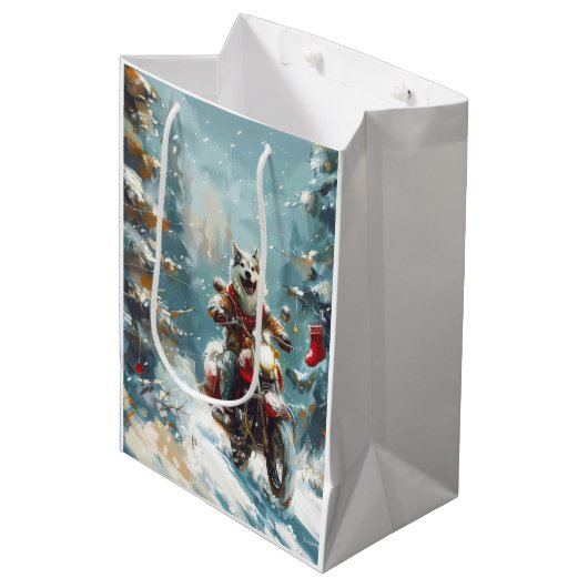 Alaskan Malamute Hond Rijden Motorfiets Kerstmis Medium Cadeauzakje (Voorkant Gekanteld)