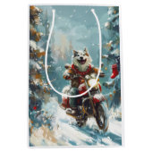 Alaskan Malamute Hond Rijden Motorfiets Kerstmis Medium Cadeauzakje (Voorkant)