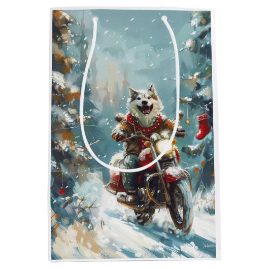 Alaskan Malamute Hond Rijden Motorfiets Kerstmis Medium Cadeauzakje (Voorkant)