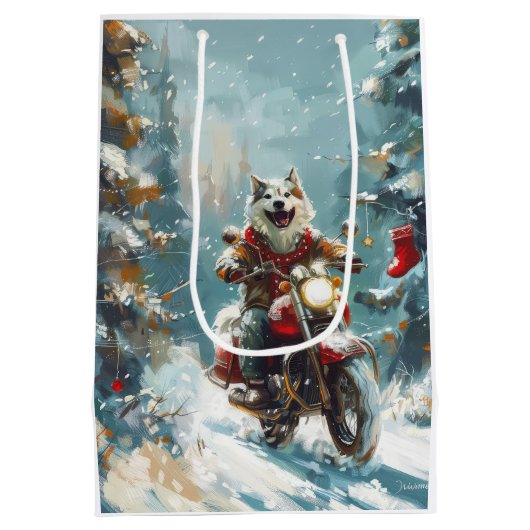 Alaskan Malamute Hond Rijden Motorfiets Kerstmis Medium Cadeauzakje (Achterkant)