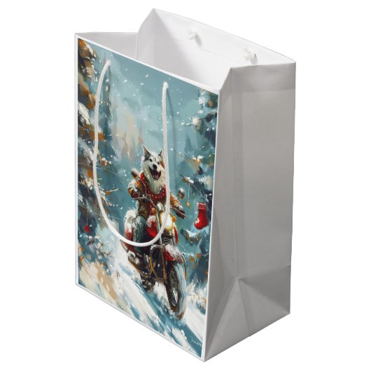 Alaskan Malamute Hond Rijden Motorfiets Kerstmis Medium Cadeauzakje (Achterkant Gekanteld)