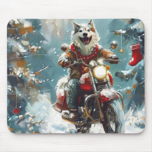 Alaskan Malamute Hond Rijden Motorfiets Kerstmis Muismat (Voorkant)