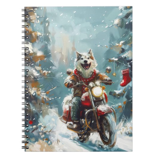 Alaskan Malamute Hond Rijden Motorfiets Kerstmis Notitieboek (Voorkant)