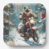 Alaskan Malamute Hond Rijden Motorfiets Kerstmis Papieren Bordje (Voorkant)