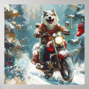 Alaskan Malamute Hond Rijden Motorfiets Kerstmis Poster