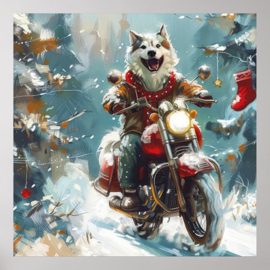 Alaskan Malamute Hond Rijden Motorfiets Kerstmis Poster (Voorkant)
