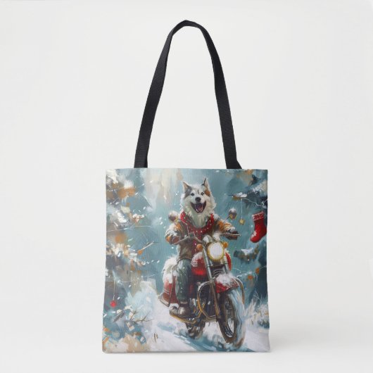 Alaskan Malamute Hond Rijden Motorfiets Kerstmis Tote Bag (Voorkant)