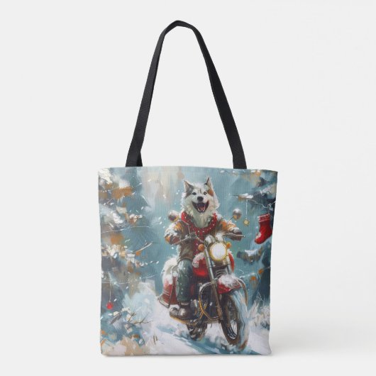 Alaskan Malamute Hond Rijden Motorfiets Kerstmis Tote Bag (Achterkant)